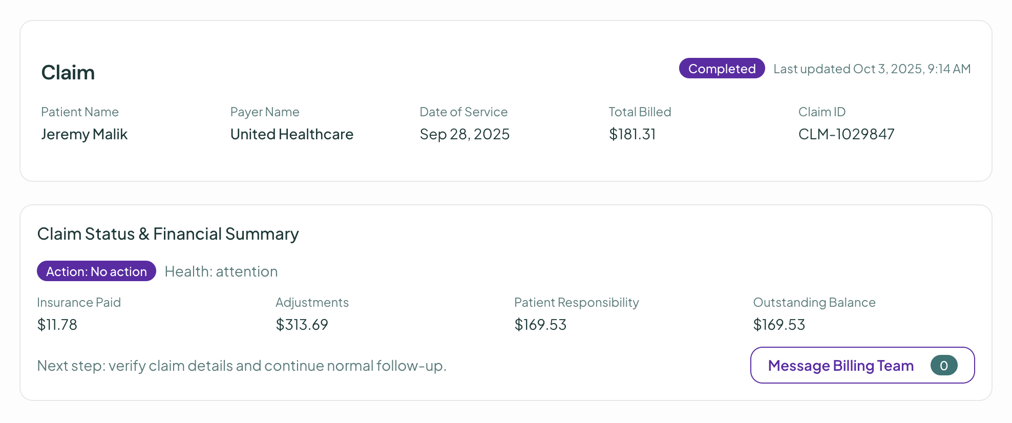 Claim status header with financial summary and next steps