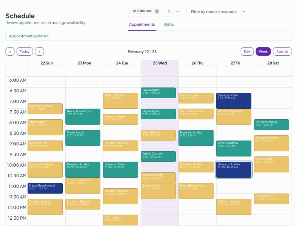 Soundry Schedule: weekly calendar view with appointments and clinician filters